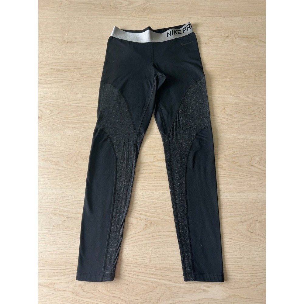 Nike Pro Warm Tight Leggings Womens M Black Metallic Silver AO9228-010 Dri-FIT